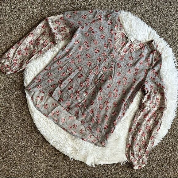 Lucky Brand Top Button Front Floral Gray Red Lightweight Womens Size Small - Picture 1 of 7
